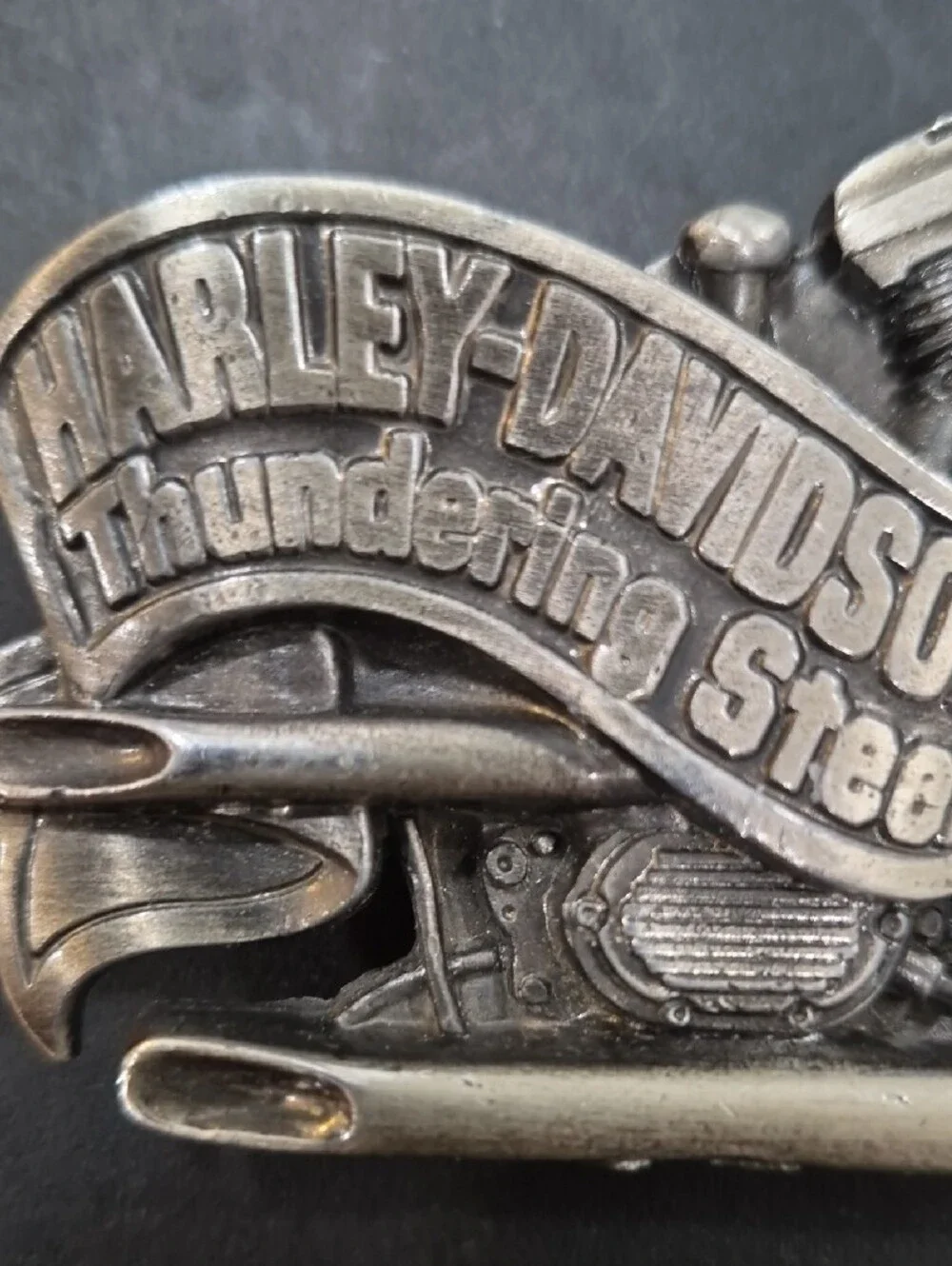 Vintage Harley-Davidson Thundering Steel Motorcycle Engine Belt Buckle - Silver